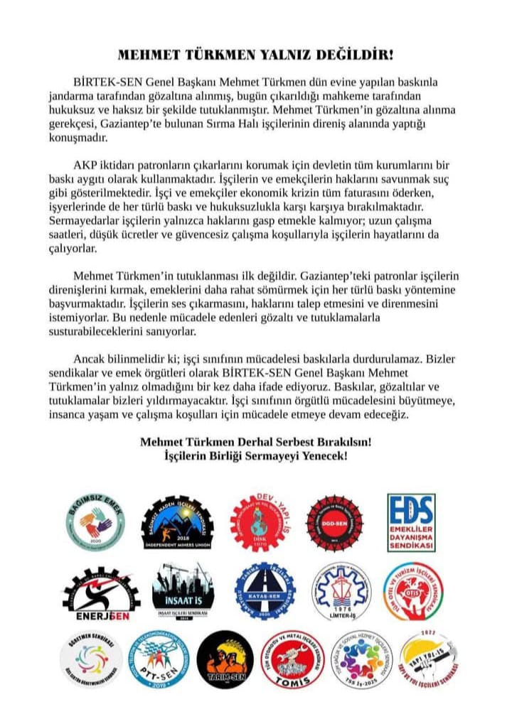 BİRTEK-SEN Genel Başkanı Mehmet Türkmen Serbest Bırakılsın