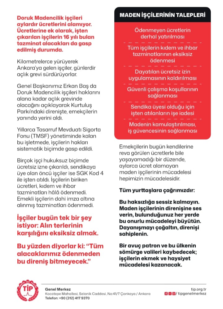 Türkiye İşçi Partisi Doruk Maden İşçileriyle Dayanışma Çağrısı Yaptı