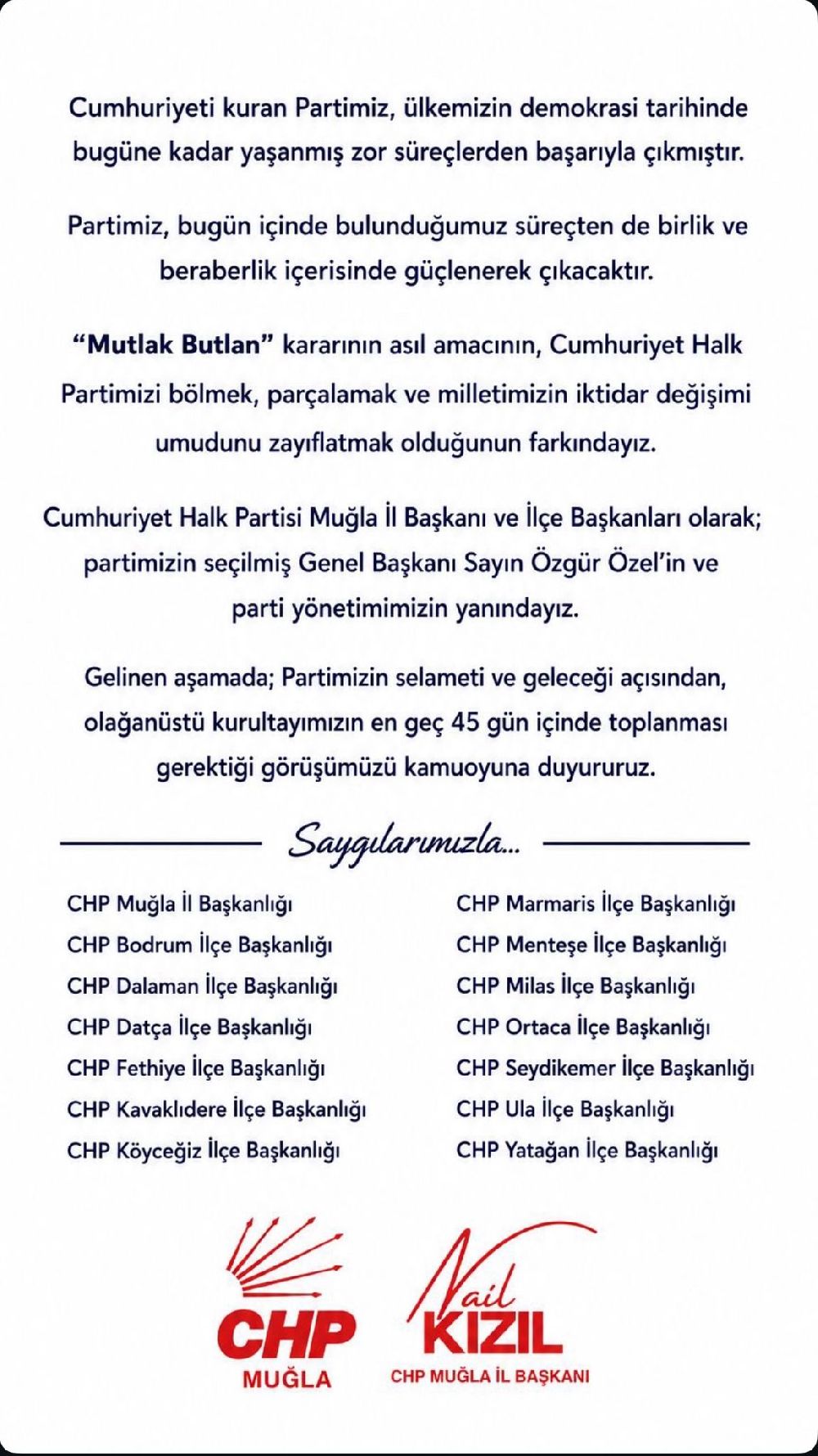 CHP Muğla İl ve İlçe Teşkilatlarından Ortak Açıklama