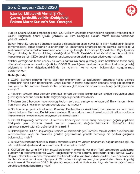 Ahmet Şık'tan Kömürlü Termik Santraller için Soru Önergesi