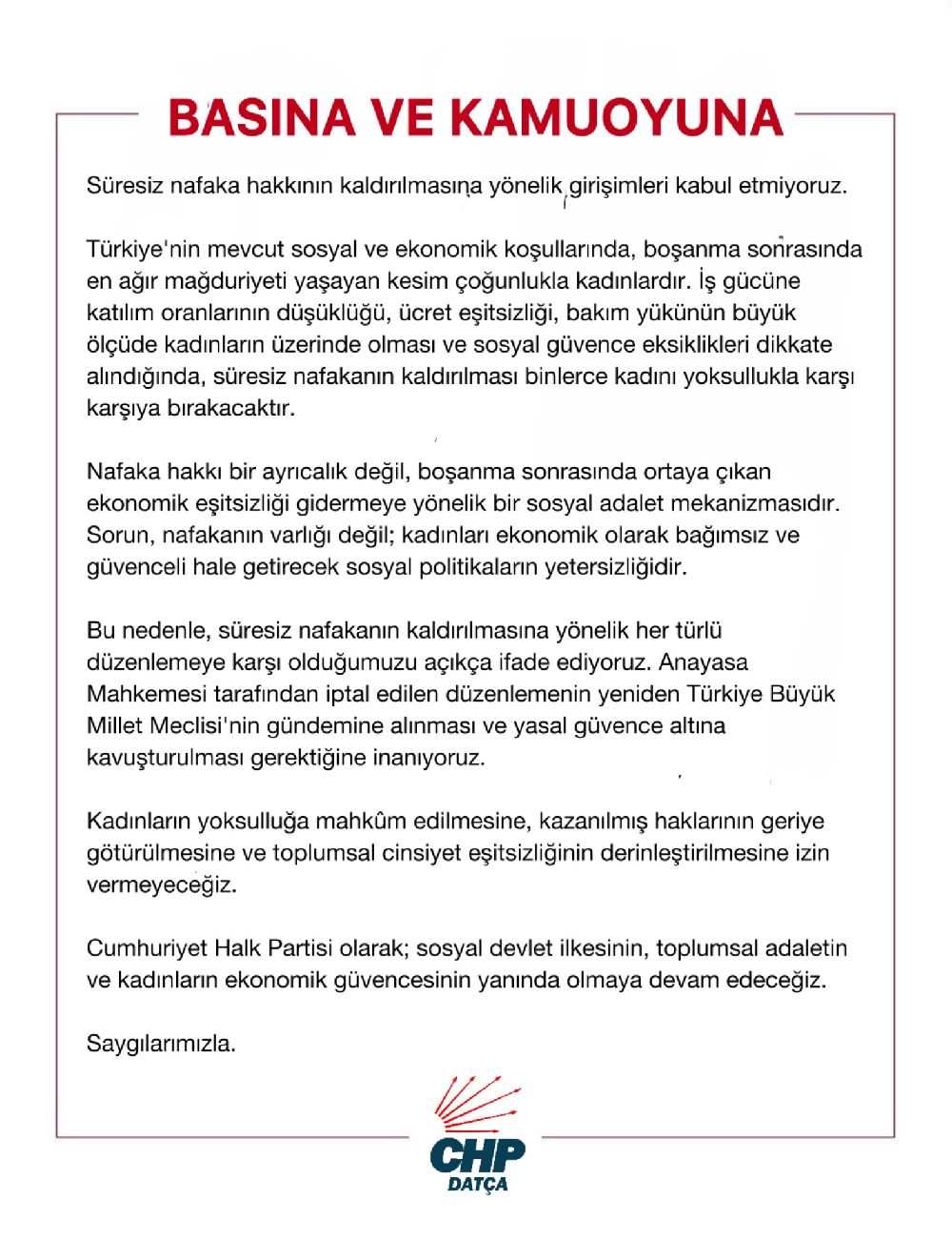 CHP Datça İlçe Örgütü: Nafaka Lütuf Değil, Haktır 
