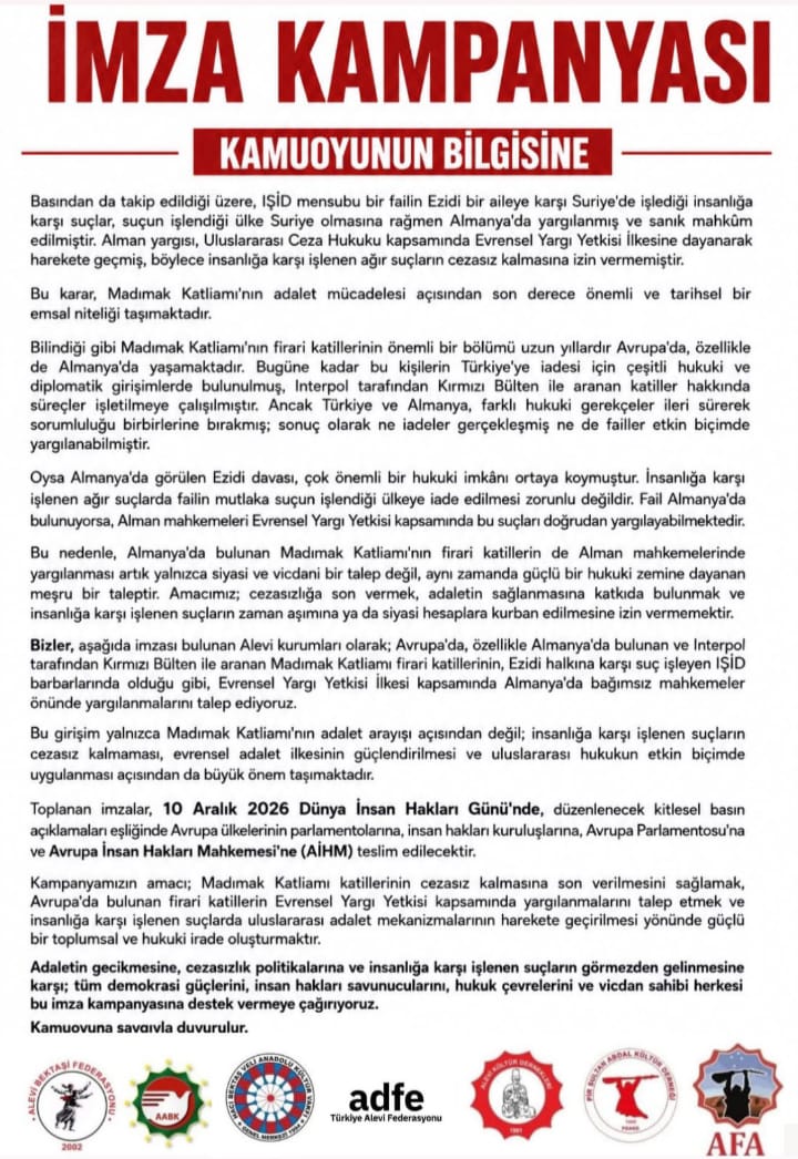 Alevi Kurumlarından İmza Kampanyası: "Madımak Firarileri Almanya'da Yargılansın"