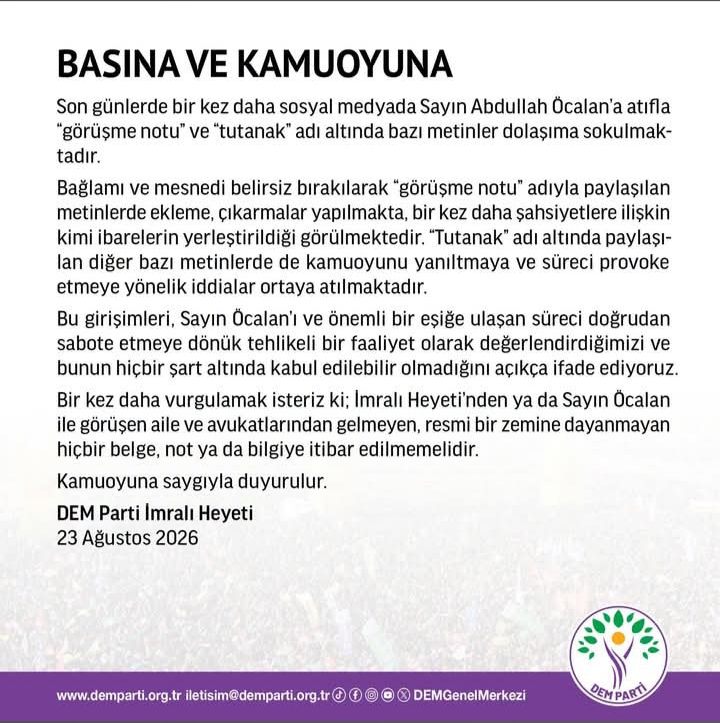 DEM Parti İmralı Heyeti'nden “Görüşme Notu” ve “Tutanak” Açıklaması
