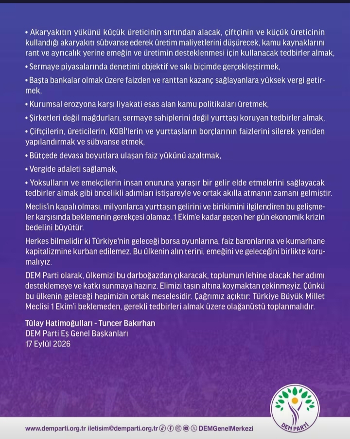 DEM Parti Meclis 1 Ekim’i Beklemeden Toplansın