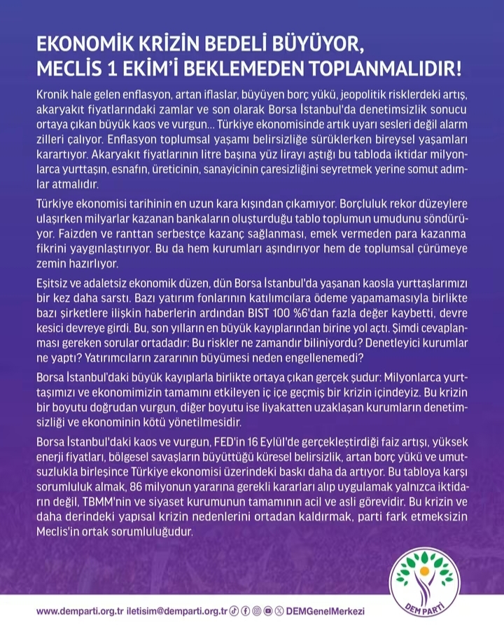 DEM Parti Meclis 1 Ekim’i Beklemeden Toplansın