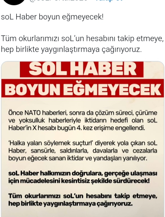 Erişim Engellerinde Yeni Dalga: soL Haber’in X Hesabı Dördüncü Kez Engellendi